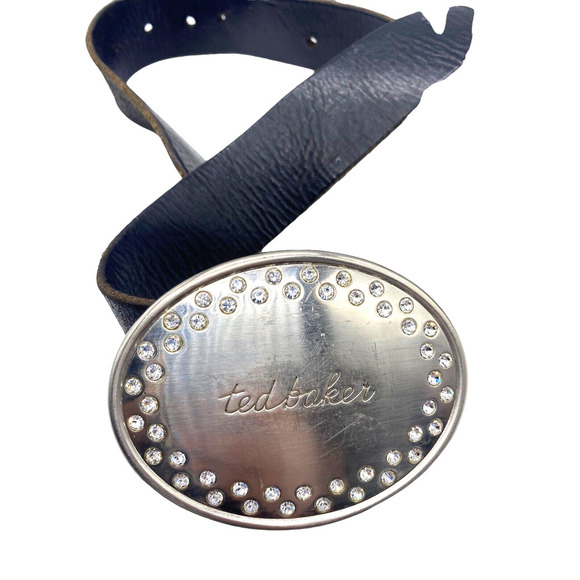 Ted Baker Size 3 Belt 34" Waist Womens Black Leather Belt Buckle Rhinestones Y2K - Picture 1 of 10